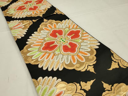 平和屋着物◎六通柄袋帯　唐織　舞花文　黒地　金糸　正絹　逸品　AABL5055ou