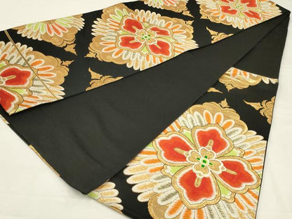 平和屋着物◎六通柄袋帯　唐織　舞花文　黒地　金糸　正絹　逸品　AABL5055ou