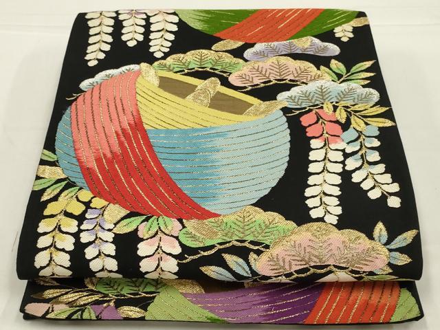 平和屋着物◎六通柄袋帯　唐織　糸巻き松文　黒地　金糸　正絹　逸品　AABL5057ou