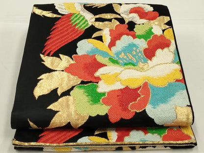 平和屋着物◎六通柄袋帯　唐織　鳳凰　黒地　金銀糸　正絹　逸品　AABL5059ou