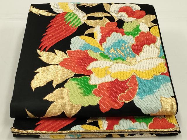 平和屋着物◎六通柄袋帯　唐織　鳳凰　黒地　金銀糸　正絹　逸品　AABL5059ou