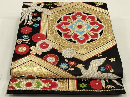 平和屋着物◎六通柄袋帯　唐織　鳳凰亀甲花文　黒地　金銀糸　正絹　逸品　未使用　AABL5060ou