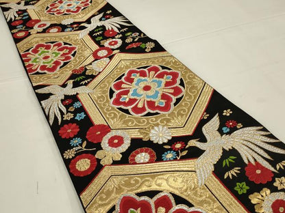 平和屋着物◎六通柄袋帯　唐織　鳳凰亀甲花文　黒地　金銀糸　正絹　逸品　未使用　AABL5060ou