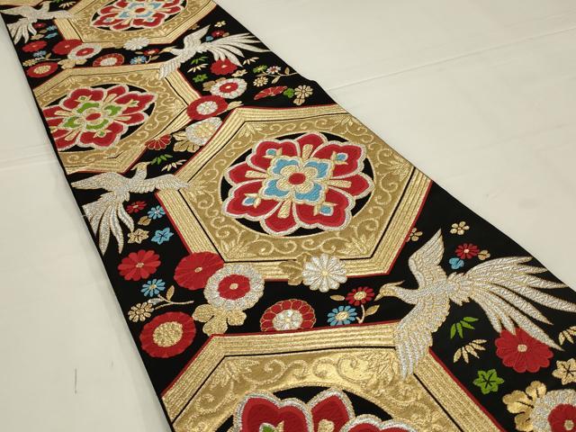 平和屋着物◎六通柄袋帯　唐織　鳳凰亀甲花文　黒地　金銀糸　正絹　逸品　未使用　AABL5060ou