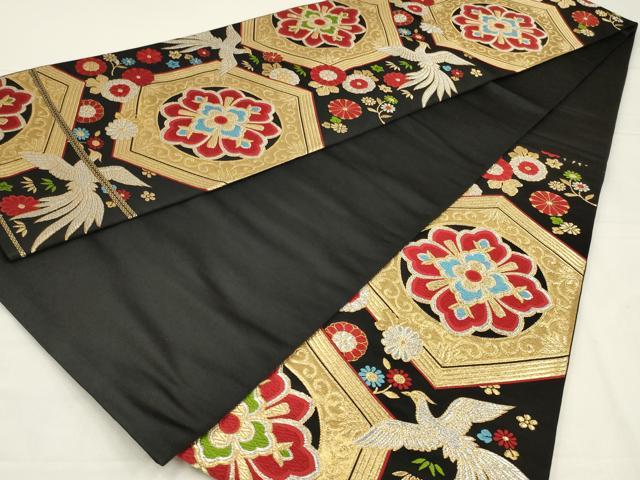 平和屋着物◎六通柄袋帯　唐織　鳳凰亀甲花文　黒地　金銀糸　正絹　逸品　未使用　AABL5060ou