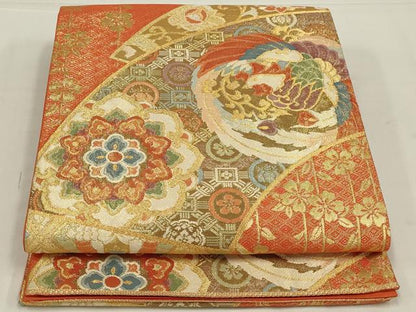 平和屋着物◎六通柄袋帯　地紙鳳凰花文　金糸　正絹　逸品　AABL5061ou