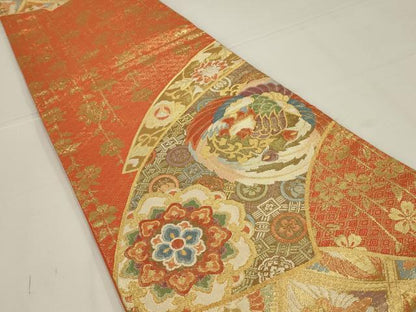 平和屋着物◎六通柄袋帯　地紙鳳凰花文　金糸　正絹　逸品　AABL5061ou