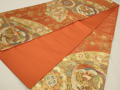 平和屋着物◎六通柄袋帯　地紙鳳凰花文　金糸　正絹　逸品　AABL5061ou