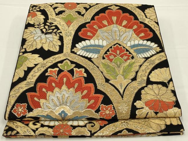 平和屋着物◎六通柄　本袋帯　唐織　更紗花文　黒地　金銀糸　正絹　逸品　AABL5062ou