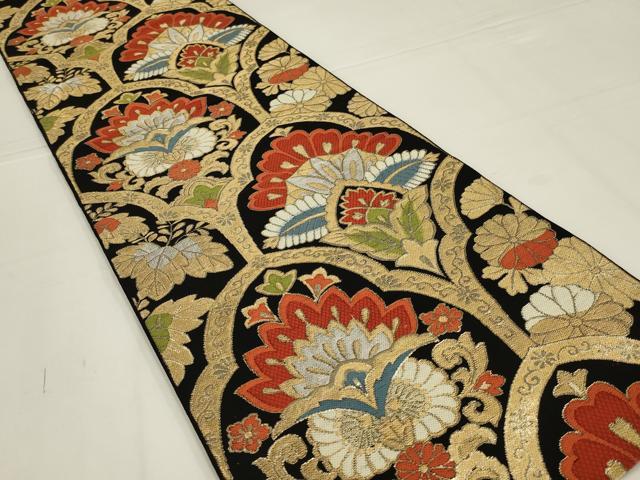 平和屋着物◎六通柄　本袋帯　唐織　更紗花文　黒地　金銀糸　正絹　逸品　AABL5062ou