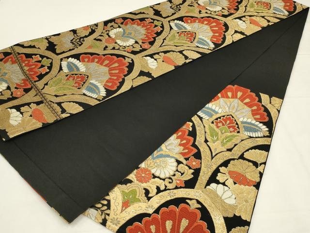 平和屋着物◎六通柄　本袋帯　唐織　更紗花文　黒地　金銀糸　正絹　逸品　AABL5062ou