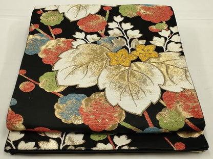 平和屋着物◎六通柄袋帯　唐織　花桐文　黒地　金糸　正絹　逸品　AABL5066ou