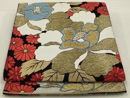 平和屋着物◎六通柄　本袋帯　唐織　花づくし文　黒地　金銀糸　AABL5067ou