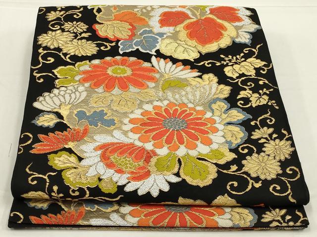 平和屋着物◎六通柄　本袋帯　唐織　花丸文　黒地　金銀糸　正絹　逸品　AABL5068ou