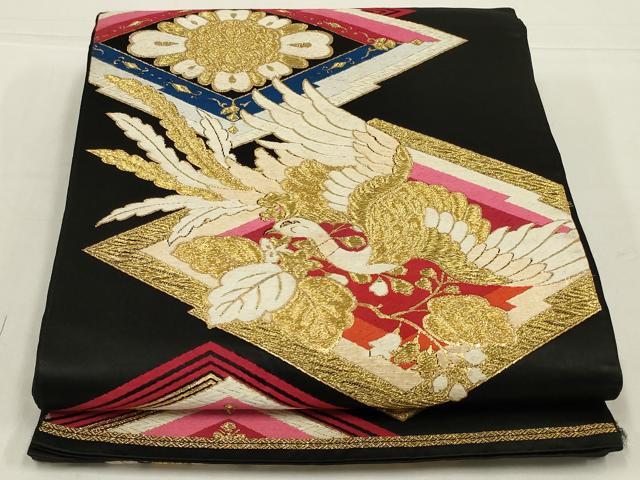 平和屋着物◎六通柄袋帯　唐織　松皮菱鳳凰花文　黒地　金糸　正絹　逸品　AABL5069ou