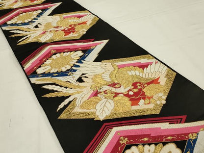 平和屋着物◎六通柄袋帯　唐織　松皮菱鳳凰花文　黒地　金糸　正絹　逸品　AABL5069ou