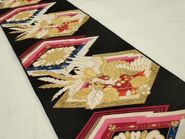 平和屋着物◎六通柄袋帯　唐織　松皮菱鳳凰花文　黒地　金糸　正絹　逸品　AABL5069ou