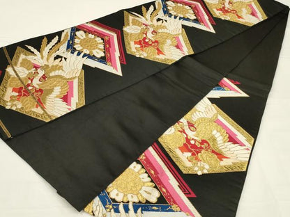 平和屋着物◎六通柄袋帯　唐織　松皮菱鳳凰花文　黒地　金糸　正絹　逸品　AABL5069ou
