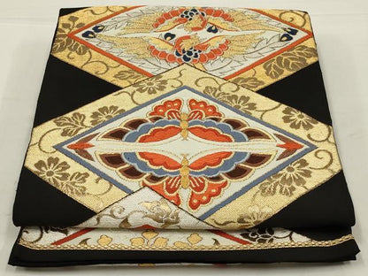 平和屋着物◎六通柄　本袋帯　唐織　向かい鳥菱文　黒地　金銀糸　正絹　逸品　AABL5070ou