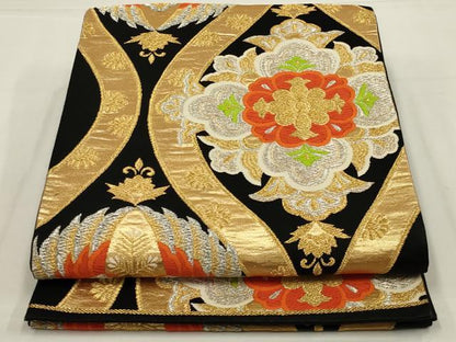 平和屋着物◎六通柄袋帯　唐織　向かい鳥立涌花文　黒地　金銀糸　正絹　逸品　AABL5071ou