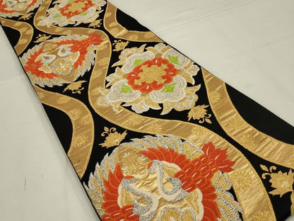 平和屋着物◎六通柄袋帯　唐織　向かい鳥立涌花文　黒地　金銀糸　正絹　逸品　AABL5071ou