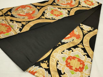 平和屋着物◎六通柄袋帯　唐織　向かい鳥立涌花文　黒地　金銀糸　正絹　逸品　AABL5071ou
