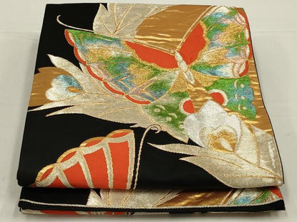 平和屋着物◎六通柄袋帯　花蝶文　黒地　金銀糸　正絹　逸品　AABL5072ou
