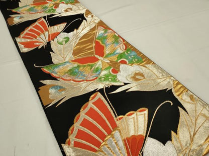 平和屋着物◎六通柄袋帯　花蝶文　黒地　金銀糸　正絹　逸品　AABL5072ou