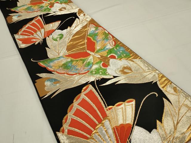 平和屋着物◎六通柄袋帯　花蝶文　黒地　金銀糸　正絹　逸品　AABL5072ou