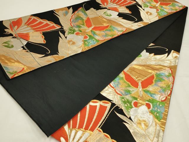 平和屋着物◎六通柄袋帯　花蝶文　黒地　金銀糸　正絹　逸品　AABL5072ou