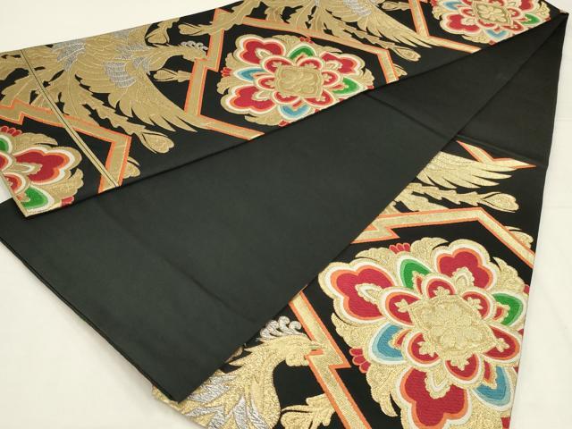 平和屋着物◎六通柄袋帯　唐織　鳳凰花文　黒地　金銀糸　正絹　逸品　AABL5073ou