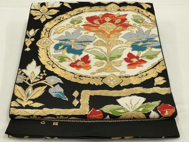 平和屋着物◎六通柄　本袋帯　唐織　草花文　黒地　金糸　正絹　逸品　AABL5074ou