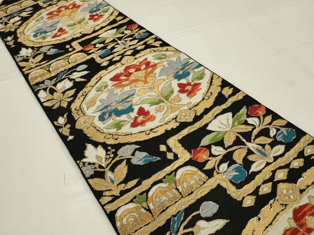 平和屋着物◎六通柄　本袋帯　唐織　草花文　黒地　金糸　正絹　逸品　AABL5074ou