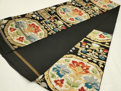 平和屋着物◎六通柄　本袋帯　唐織　草花文　黒地　金糸　正絹　逸品　AABL5074ou