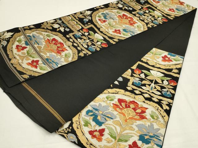 平和屋着物◎六通柄　本袋帯　唐織　草花文　黒地　金糸　正絹　逸品　AABL5074ou