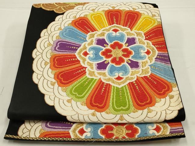 平和屋着物◎六通柄袋帯　唐織　舞花文　黒地　金糸　正絹　逸品　AABL5075ou