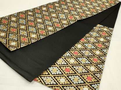 平和屋着物◎六通柄袋帯　唐織　花菱文　黒地　金銀糸　正絹　逸品　AABL5079ou