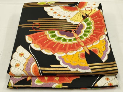 平和屋着物◎六通柄袋帯　唐織　舞蝶文　黒地　金糸　正絹　逸品　AABL5080ou