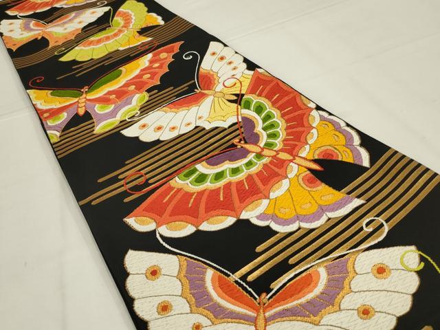 平和屋着物◎六通柄袋帯　唐織　舞蝶文　黒地　金糸　正絹　逸品　AABL5080ou