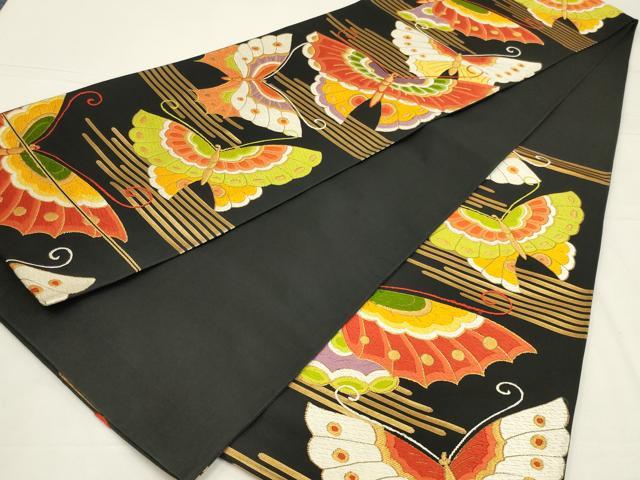平和屋着物◎六通柄袋帯　唐織　舞蝶文　黒地　金糸　正絹　逸品　AABL5080ou