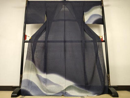 平和屋着物＊夏物　訪問着　紗　遠山文　暈し染め　ロング丈　正絹　逸品　AABL5081jd