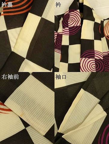 平和屋着物＊夏物　世界的ファッションデザイナー　山本寛斎　kansaiブランド　小紋　縦絽　市松丸文　洗える着物　AABL5113jd