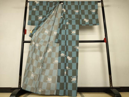 平和屋着物＊夏物　小紋　絽縮緬　市松花文　洗える着物　AABL5121jd