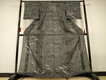 平和屋着物＊夏物　訪問着　縦絽　立波文　魚　黒地　洗える着物　AABL5122jd