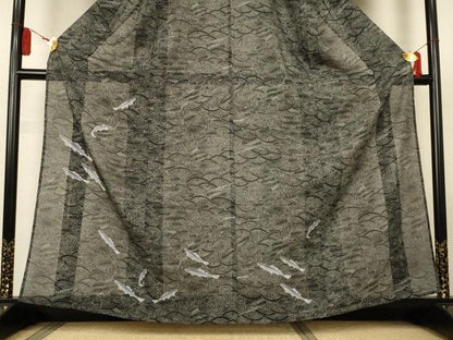 平和屋着物＊夏物　訪問着　縦絽　立波文　魚　黒地　洗える着物　AABL5122jd