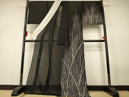 平和屋着物＊夏物　訪問着　霞紋紗　枝葉文　黒地　ロング丈　正絹　逸品　AABL5140jd