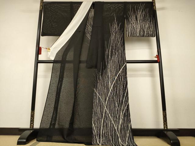 平和屋着物＊夏物　訪問着　霞紋紗　枝葉文　黒地　ロング丈　正絹　逸品　AABL5140jd
