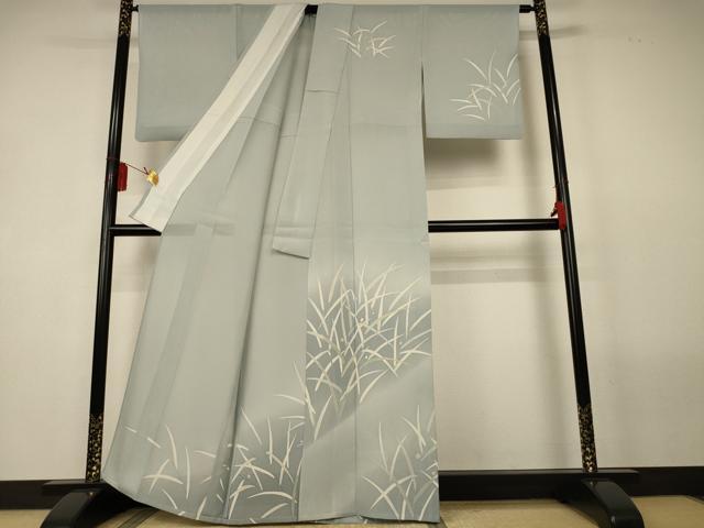 平和屋着物＊夏物　訪問着　絽　刺繍　草葉文　暈し染め　銀彩　正絹　逸品　AABL5145jd