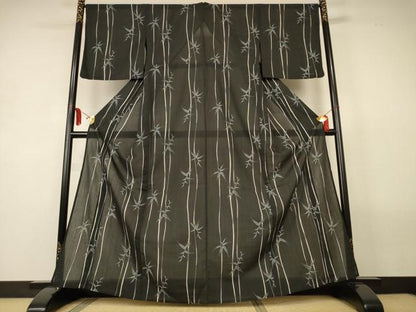平和屋着物＊夏物　小紋　紗　笹竹文　黒地　洗える着物　AABL5150jd