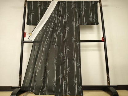平和屋着物＊夏物　小紋　紗　笹竹文　黒地　洗える着物　AABL5150jd